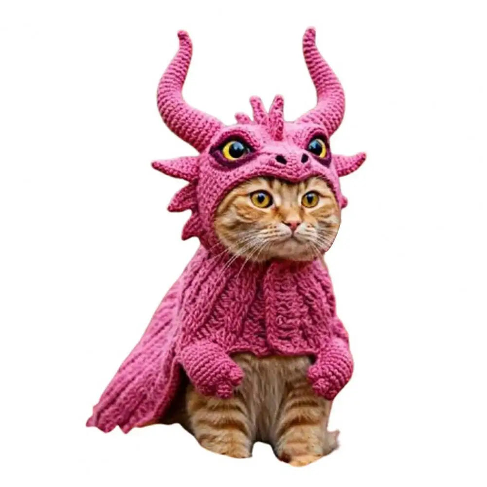 Dragon Cat Hoodie Set Hand Knitted Cosplay Apparel Funny Adjustable Outfit Small Pets Easy-On Knitted Cat Hoodie for Cats Dogs