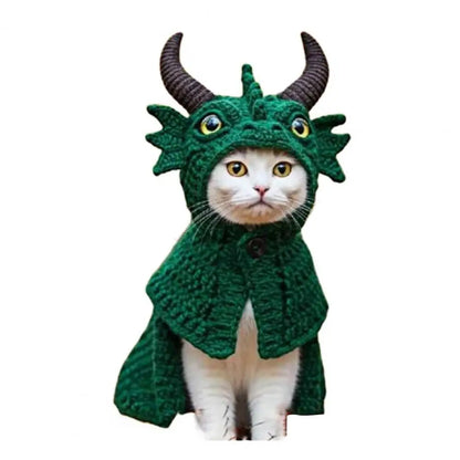 Dragon Cat Hoodie Set Hand Knitted Cosplay Apparel Funny Adjustable Outfit Small Pets Easy-On Knitted Cat Hoodie for Cats Dogs