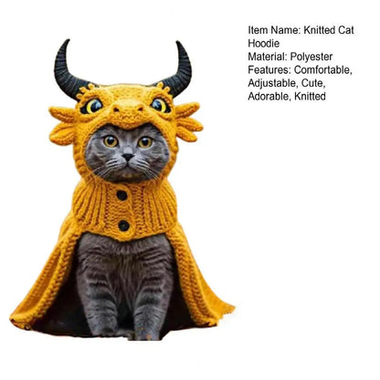 Dragon Cat Hoodie Set Hand Knitted Cosplay Apparel Funny Adjustable Outfit Small Pets Easy-On Knitted Cat Hoodie for Cats Dogs