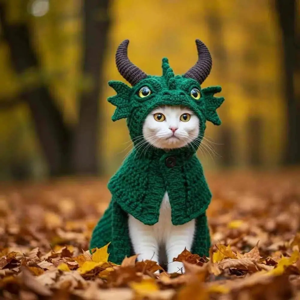 Dragon Cat Hoodie Set Hand Knitted Cosplay Apparel Funny Adjustable Outfit Small Pets Easy-On Knitted Cat Hoodie for Cats Dogs