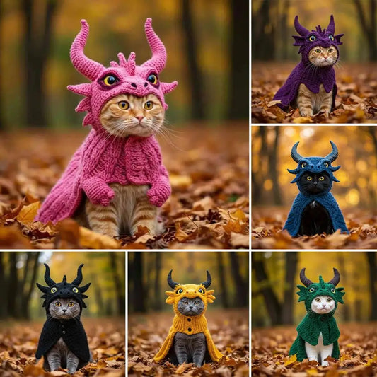 Dragon Cat Hoodie Set Hand Knitted Cosplay Apparel Funny Adjustable Outfit Small Pets Easy-On Knitted Cat Hoodie for Cats Dogs