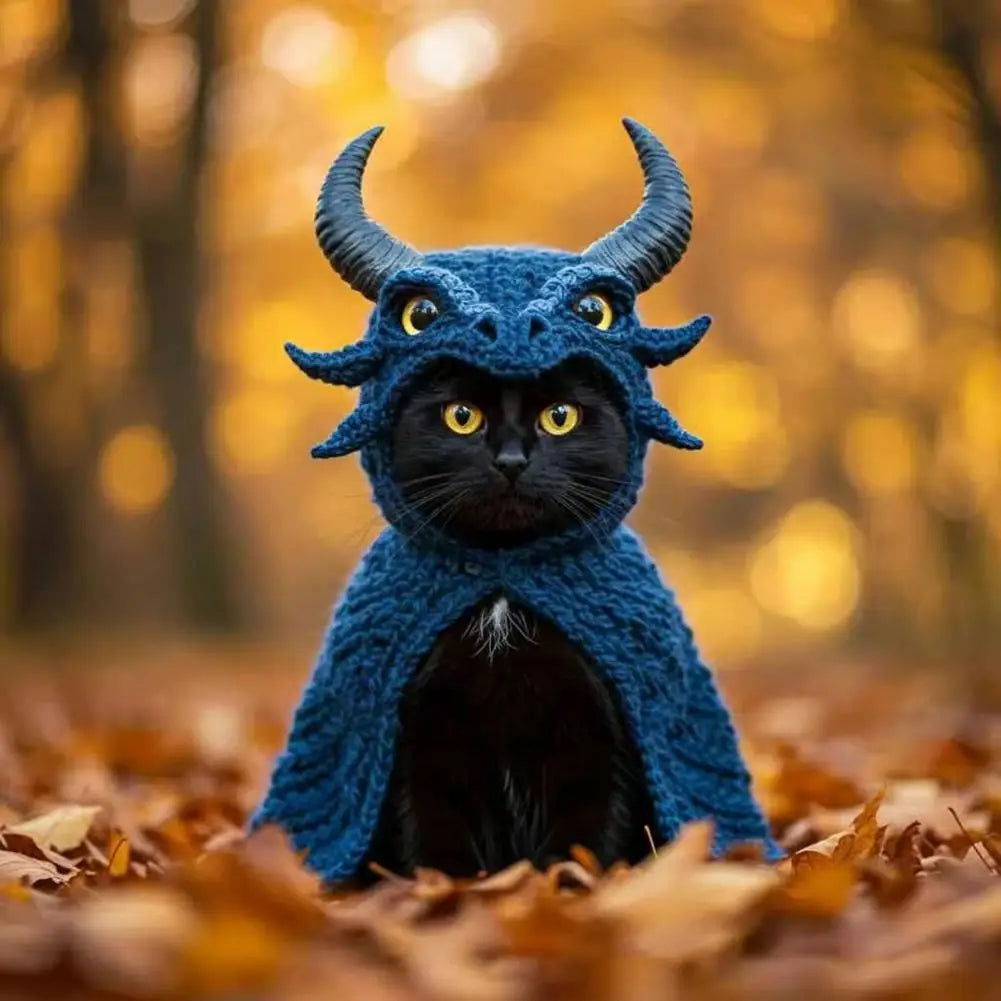 Dragon Cat Hoodie Set Hand Knitted Cosplay Apparel Funny Adjustable Outfit Small Pets Easy-On Knitted Cat Hoodie for Cats Dogs