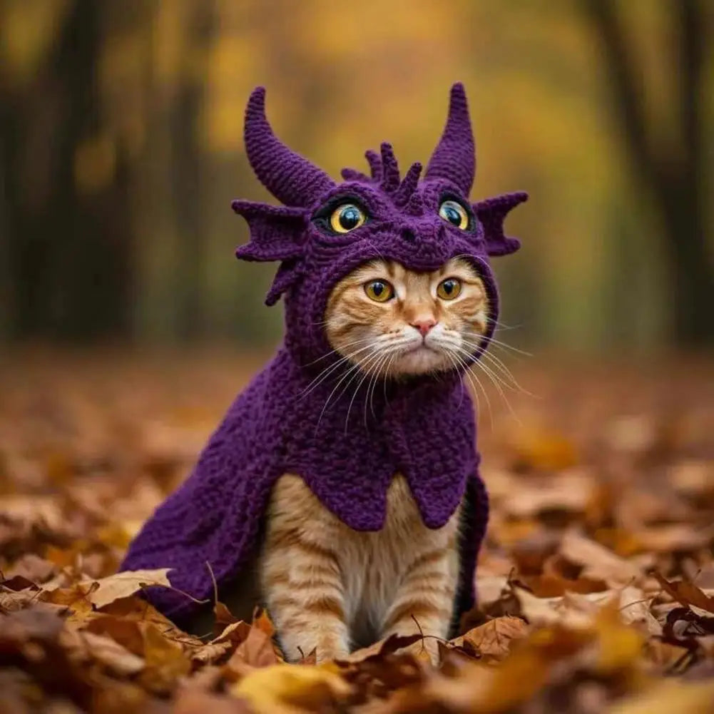 Dragon Cat Hoodie Set Hand Knitted Cosplay Apparel Funny Adjustable Outfit Small Pets Easy-On Knitted Cat Hoodie for Cats Dogs